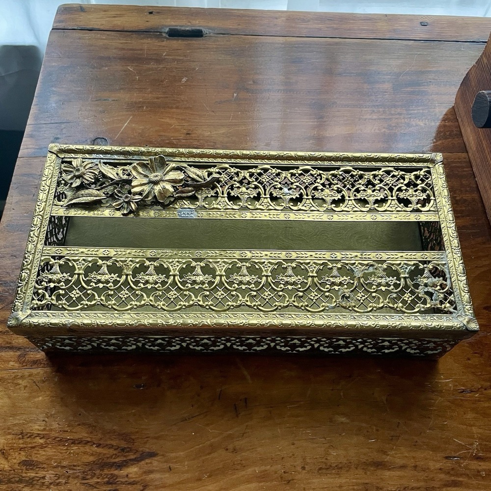 Vintage Brass Filigree Tissue Box Holder, Hollywood Regency Style Ornate MCM